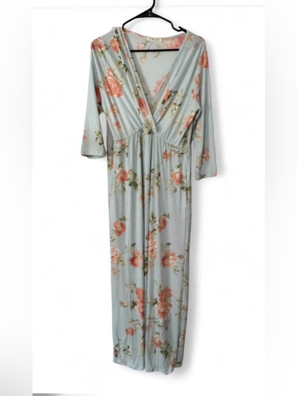 THJS Floral Midi Dress in Soft Blue with Peach Roses